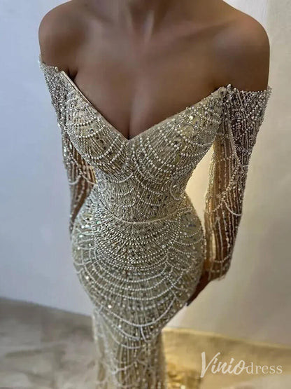 Beaded Off the Shoulder Mermaid Prom Dresses Sweetheart Long Sleeve Pageant Dress 20210-Evening Dresses 2025 -Viniodress-Dusty Rose-US 2-