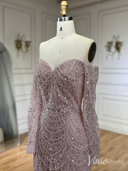 Beaded Off the Shoulder Mermaid Prom Dresses Sweetheart Long Sleeve Pageant Dress 20210-Evening Dresses 2025 -Viniodress-Dusty Rose-US 2-