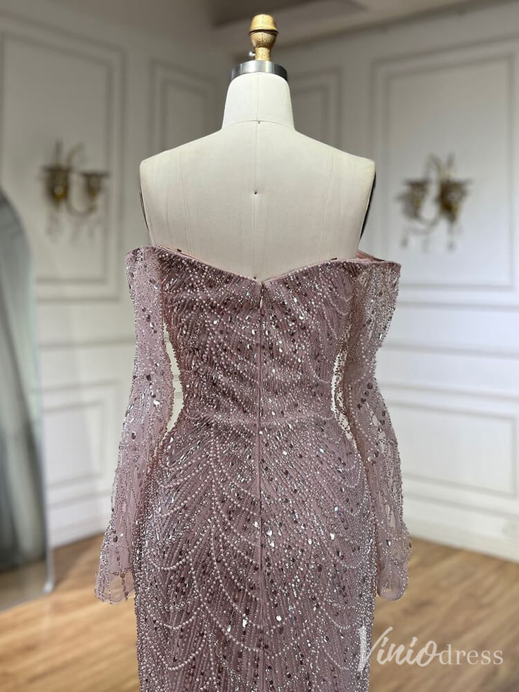 Beaded Off the Shoulder Mermaid Prom Dresses Sweetheart Long Sleeve Pageant Dress 20210-Evening Dresses 2025 -Viniodress-Dusty Rose-US 2-