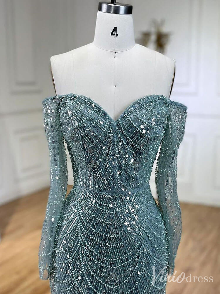 Beaded Off the Shoulder Mermaid Prom Dresses Sweetheart Long Sleeve Pageant Dress 20210-Evening Dresses 2025 -Viniodress-Dusty Rose-US 2-