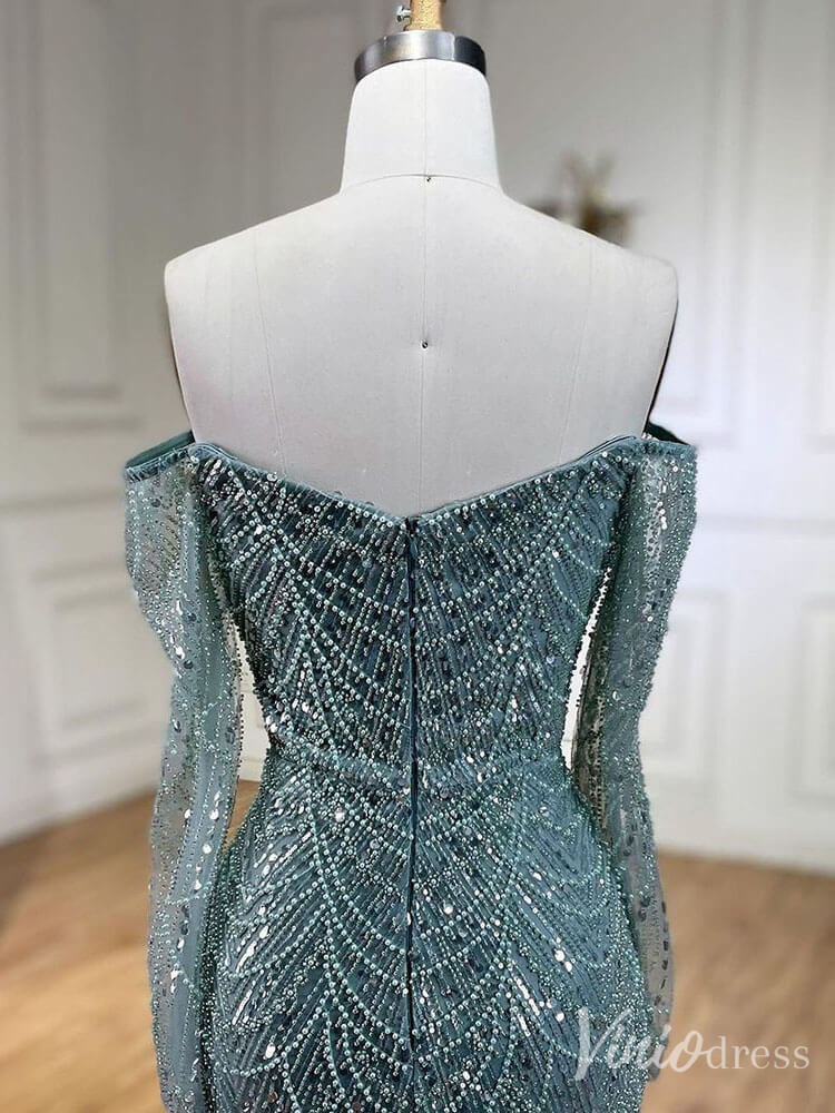Beaded Off the Shoulder Mermaid Prom Dresses Sweetheart Long Sleeve Pageant Dress 20210-Evening Dresses 2025 -Viniodress-Dusty Rose-US 2-