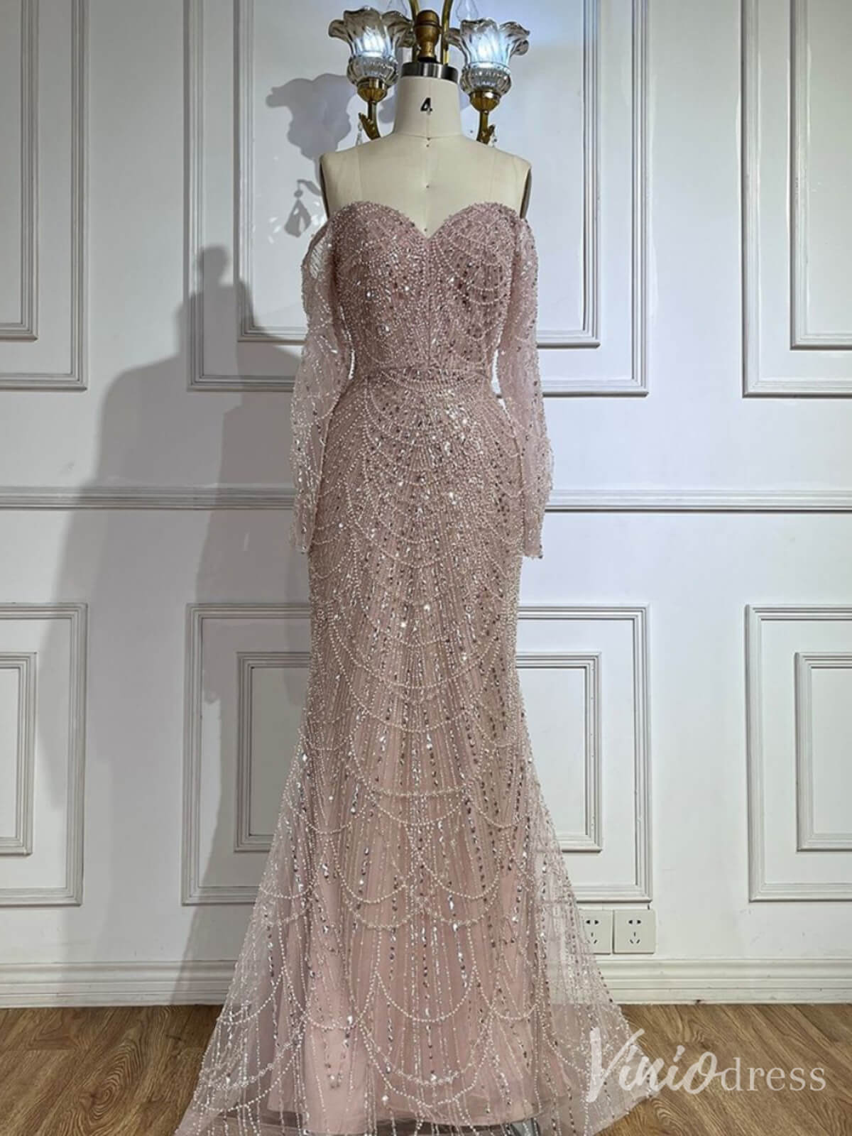Beaded Off the Shoulder Mermaid Prom Dresses Sweetheart Long Sleeve Pageant Dress 20210-Evening Dresses 2025 -Viniodress-Dusty Rose-US 2-