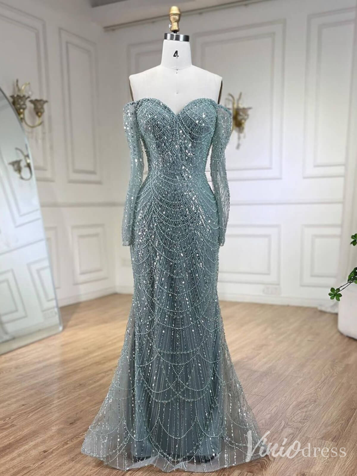 Beaded Off the Shoulder Mermaid Prom Dresses Sweetheart Long Sleeve Pageant Dress 20210-Evening Dresses 2025 -Viniodress-Green-US 2-