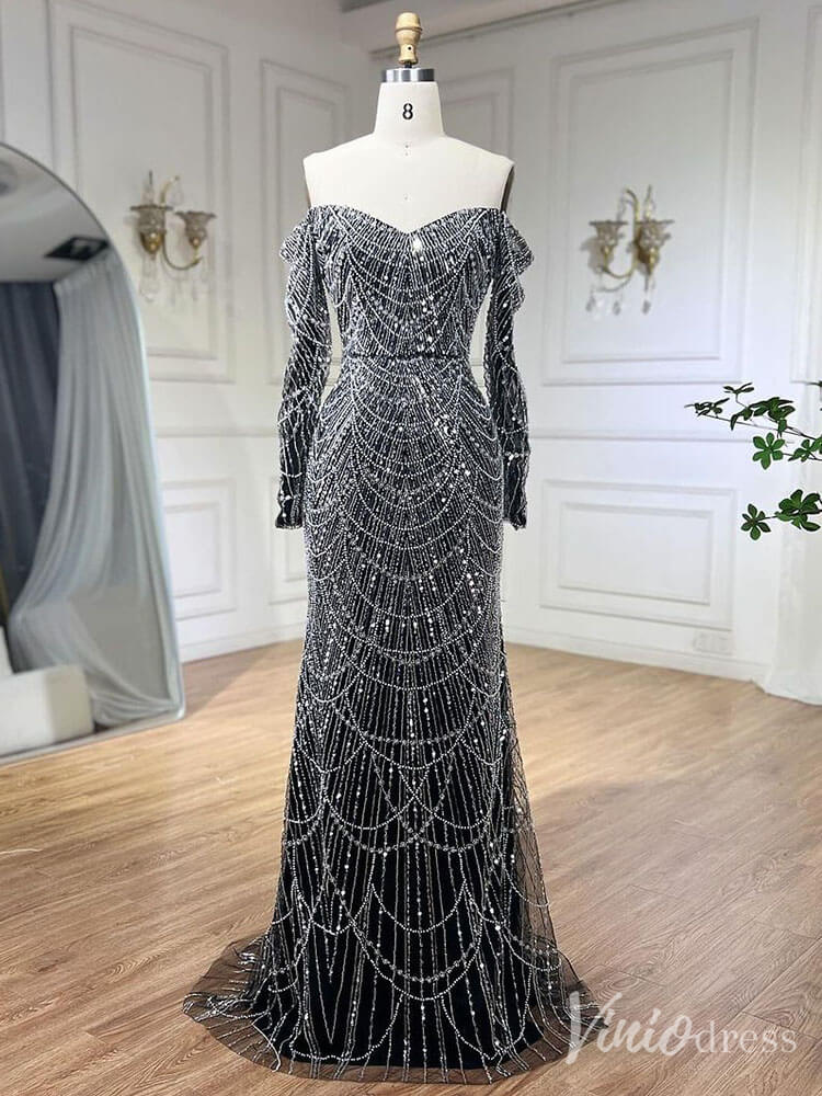Beaded Off the Shoulder Mermaid Prom Dresses Sweetheart Long Sleeve Pageant Dress 20210-Evening Dresses 2025 -Viniodress-Silver-US 2-