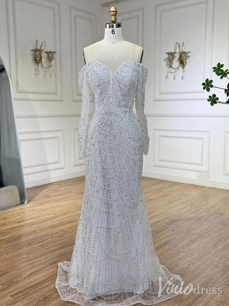 Beaded Off the Shoulder Mermaid Prom Dresses Sweetheart Long Sleeve Pageant Dress 20210-Evening Dresses 2025 -Viniodress-White-US 2-