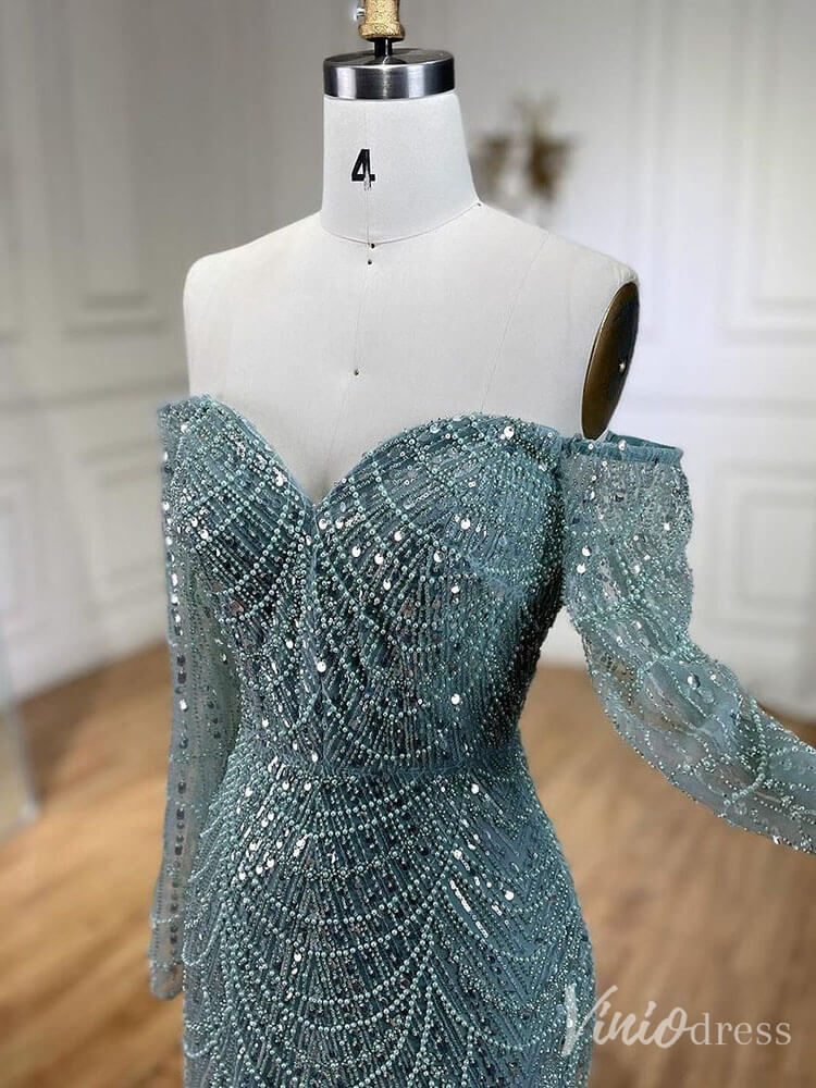 Beaded Off the Shoulder Mermaid Prom Dresses Sweetheart Long Sleeve Pageant Dress 20210 - ViniodressEvening DressesGreenUS 2 - Formal Dresses - Ball Gowns