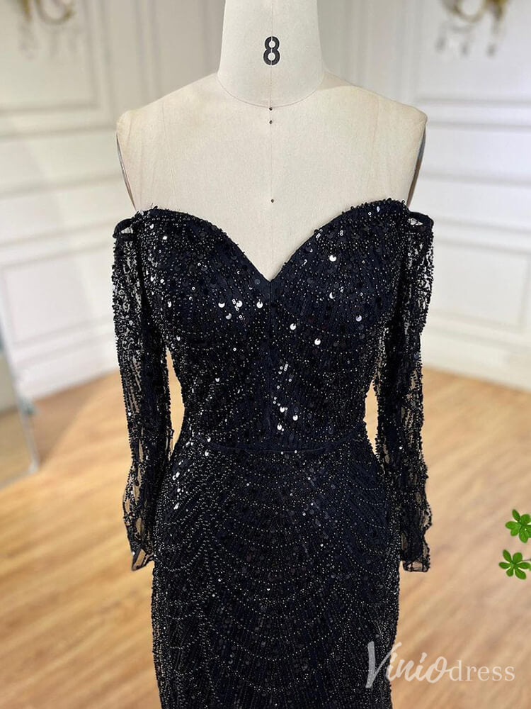 Beaded Off the Shoulder Mermaid Prom Dresses Sweetheart Long Sleeve Pageant Dress 20210-prom dresses-Viniodress-Viniodress