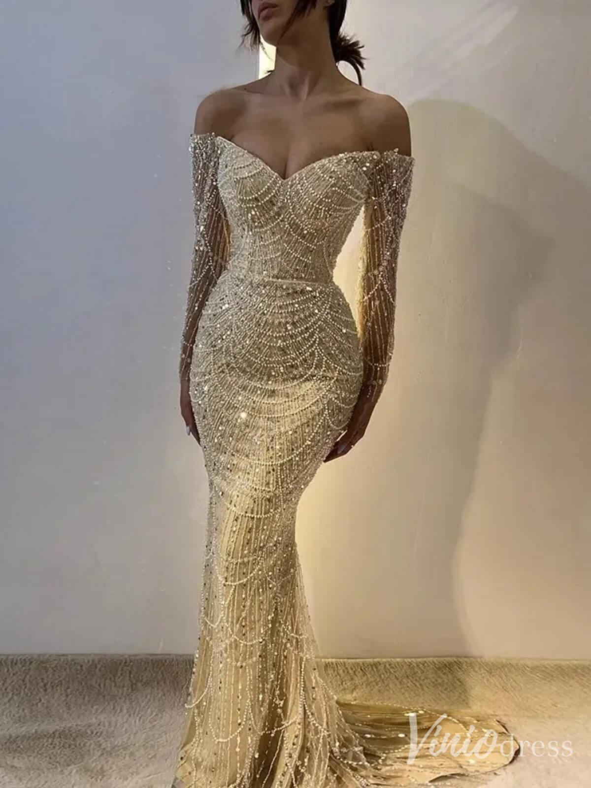 Beaded Off the Shoulder Mermaid Prom Dresses Sweetheart Long Sleeve Pageant Dress 20210-prom dresses-Viniodress-Viniodress