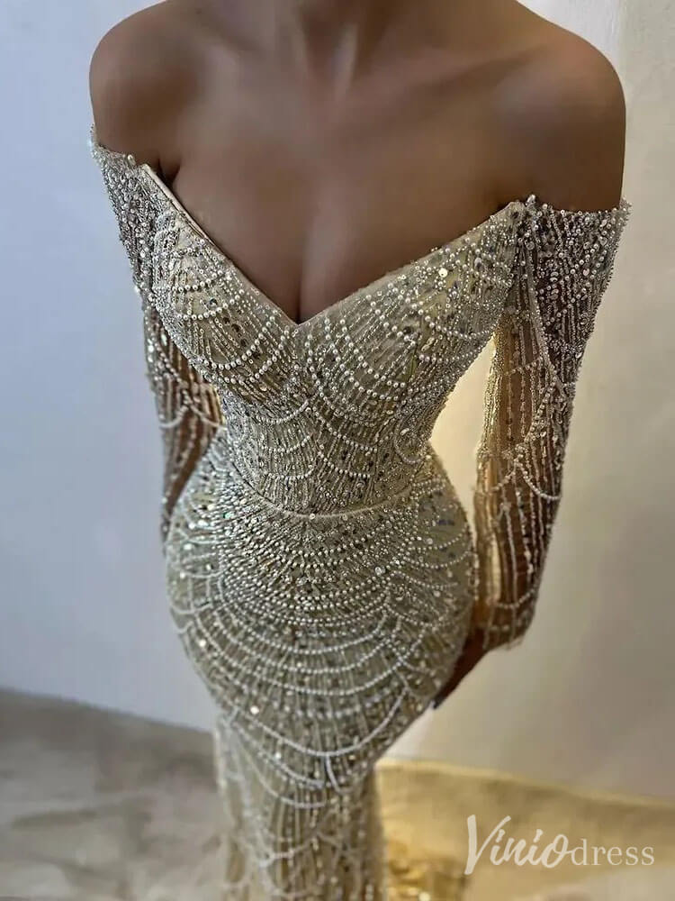 Beaded Off the Shoulder Mermaid Prom Dresses Sweetheart Long Sleeve Pageant Dress 20210-prom dresses-Viniodress-Viniodress