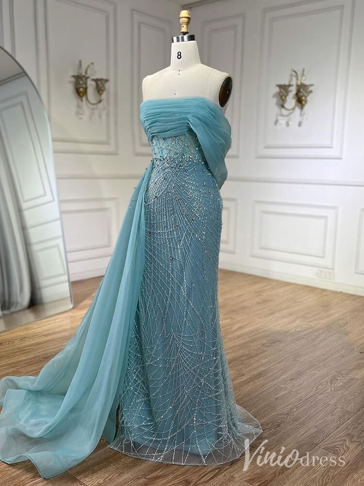 Beaded Off the Shoulder Prom Dresses Mermaid Overskirt Pageant Dress AD1254-Evening Dresses 2025 -Viniodress-Blue-US 2-