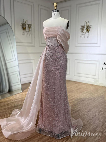 Beaded Off the Shoulder Prom Dresses Mermaid Overskirt Pageant Dress AD1254-Evening Dresses 2025 -Viniodress-Dusty Rose-US 2-