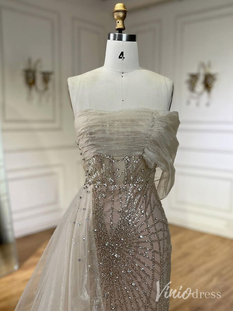 Beaded Off the Shoulder Prom Dresses Mermaid Overskirt Pageant Dress AD1254-Evening Dresses 2025 -Viniodress-Blue-US 2-