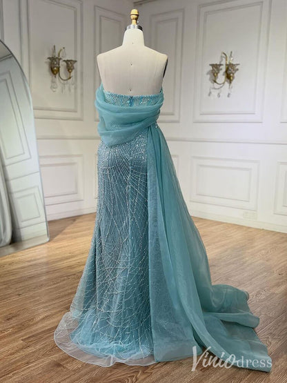 Beaded Off the Shoulder Prom Dresses Mermaid Overskirt Pageant Dress AD1254-Evening Dresses 2025 -Viniodress-Blue-US 2-