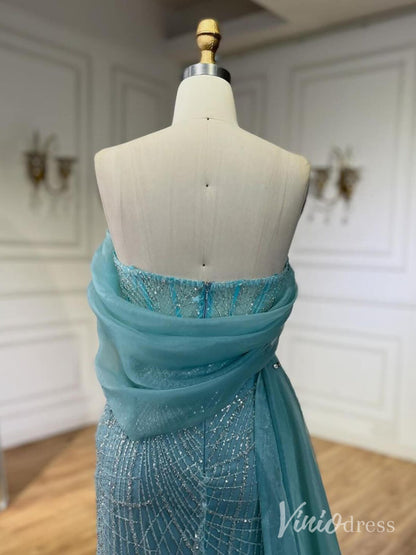 Beaded Off the Shoulder Prom Dresses Mermaid Overskirt Pageant Dress AD1254-Evening Dresses 2025 -Viniodress-Blue-US 2-