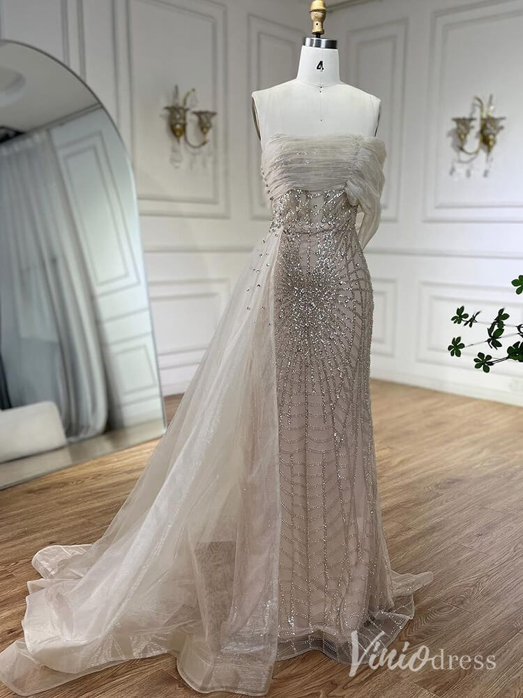 Beaded Off the Shoulder Prom Dresses Mermaid Overskirt Pageant Dress AD1254-Evening Dresses 2025 -Viniodress-Champagne-US 2-