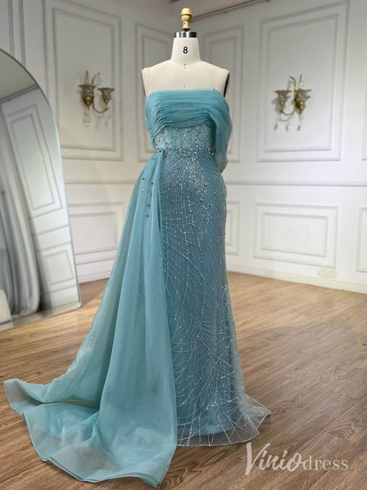 Beaded Off the Shoulder Prom Dresses Mermaid Overskirt Pageant Dress AD1254 - ViniodressEvening DressesBlueUS 2 - Formal Dresses - Ball Gowns