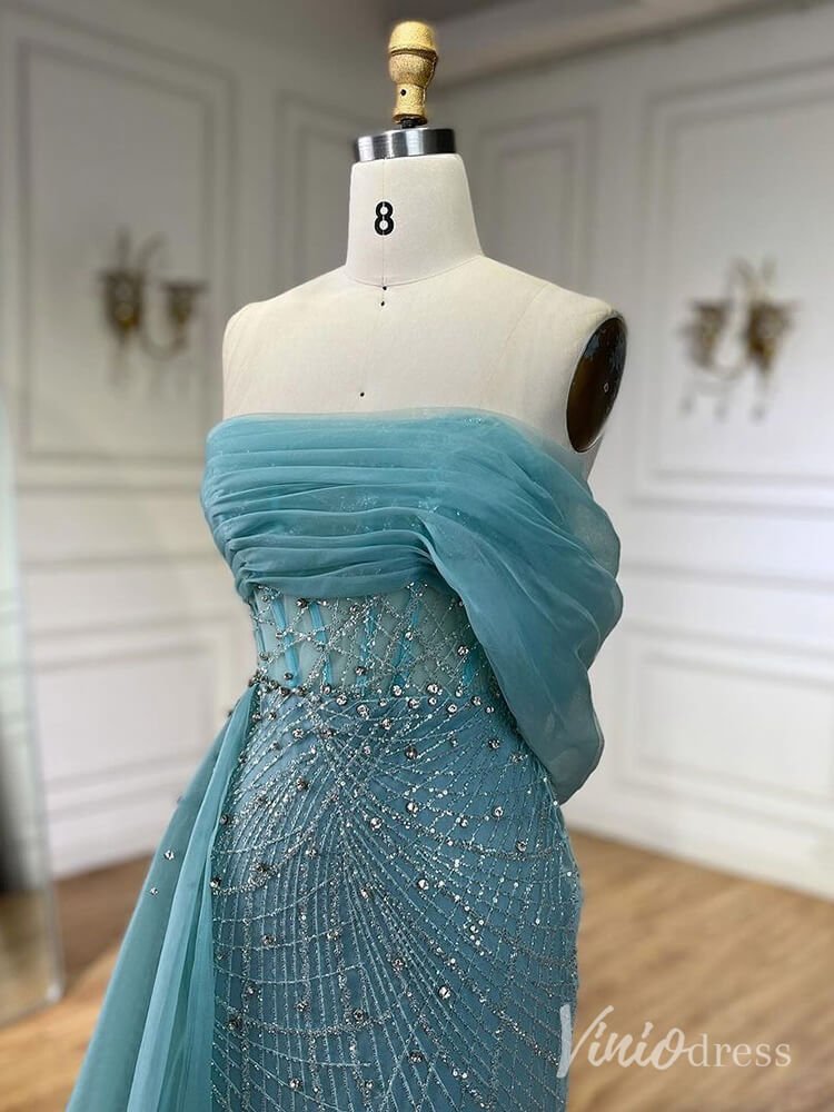 Beaded Off the Shoulder Prom Dresses Mermaid Overskirt Pageant Dress AD1254 - ViniodressEvening DressesBlueUS 2 - Formal Dresses - Ball Gowns