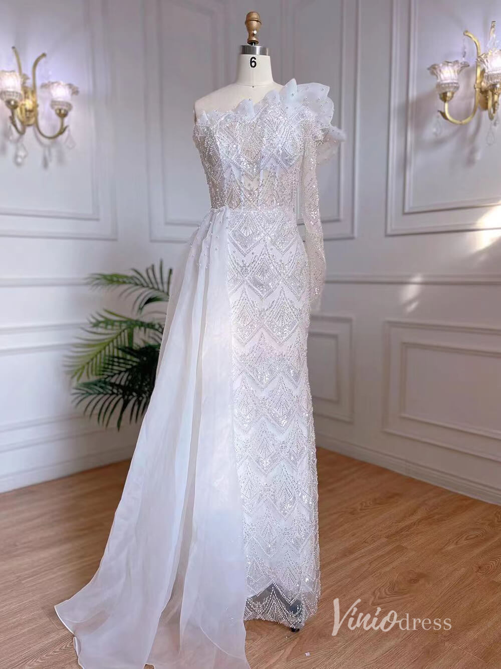 Beaded One Shoulder Evening Dresses with Overskirt Mother of