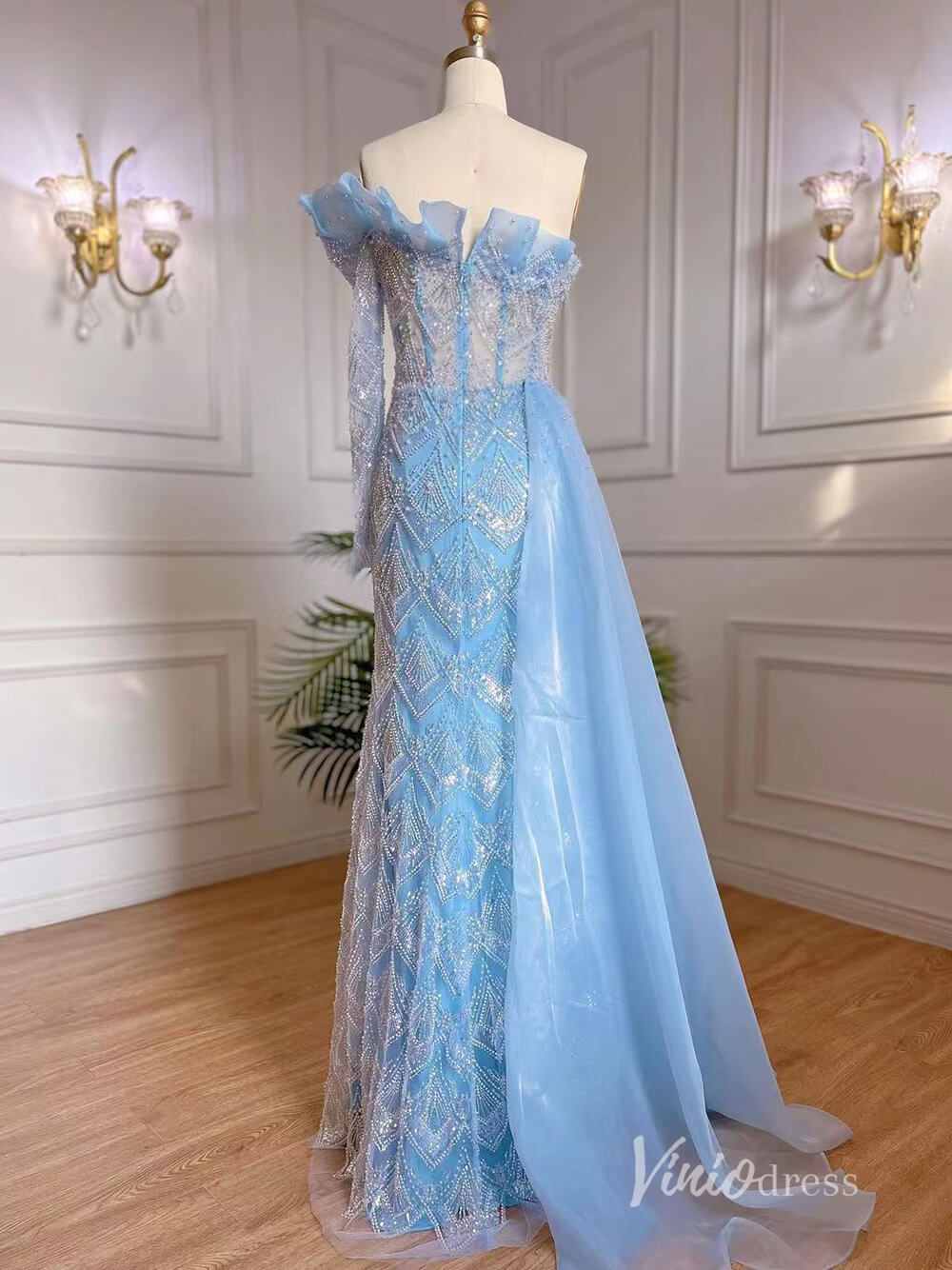 Beaded One Shoulder Evening Dresses with Overskirt Mother of the Bride Dresses AD1129-Evening Dresses 2025 -Viniodress-Blue-US 2-