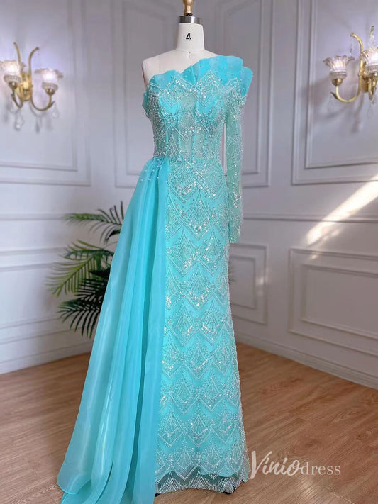 Beaded One Shoulder Evening Dresses with Overskirt Mother of the Bride Dresses AD1129-Evening Dresses 2025 -Viniodress-Blue-US 2-