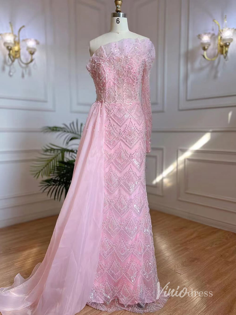 Beaded One Shoulder Evening Dresses with Overskirt Mother of the Bride Dresses AD1129-Evening Dresses 2025 -Viniodress-Blush Pink-US 2-