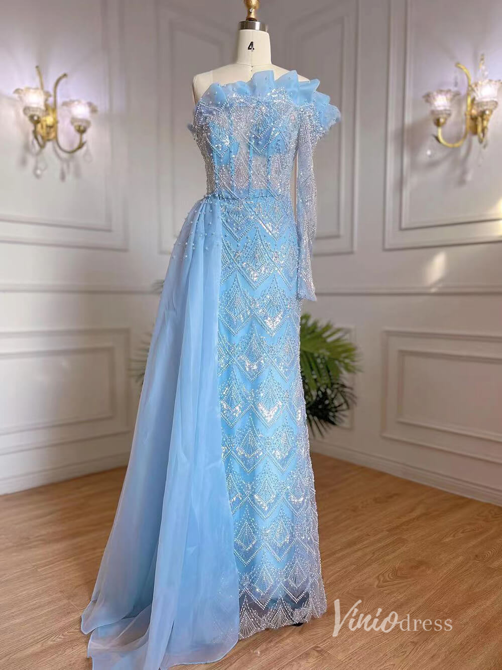 Beaded One Shoulder Evening Dresses with Overskirt Mother of the Bride Dresses AD1129-Evening Dresses 2025 -Viniodress-Light Blue-US 2-