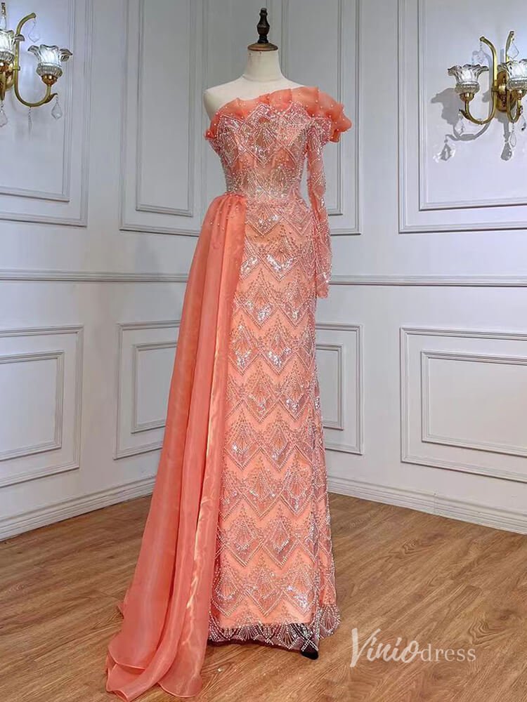 Beaded One Shoulder Evening Dresses with Overskirt Mother of the Bride Dresses AD1129-Evening Dresses 2025 -Viniodress-Orange-US 2-