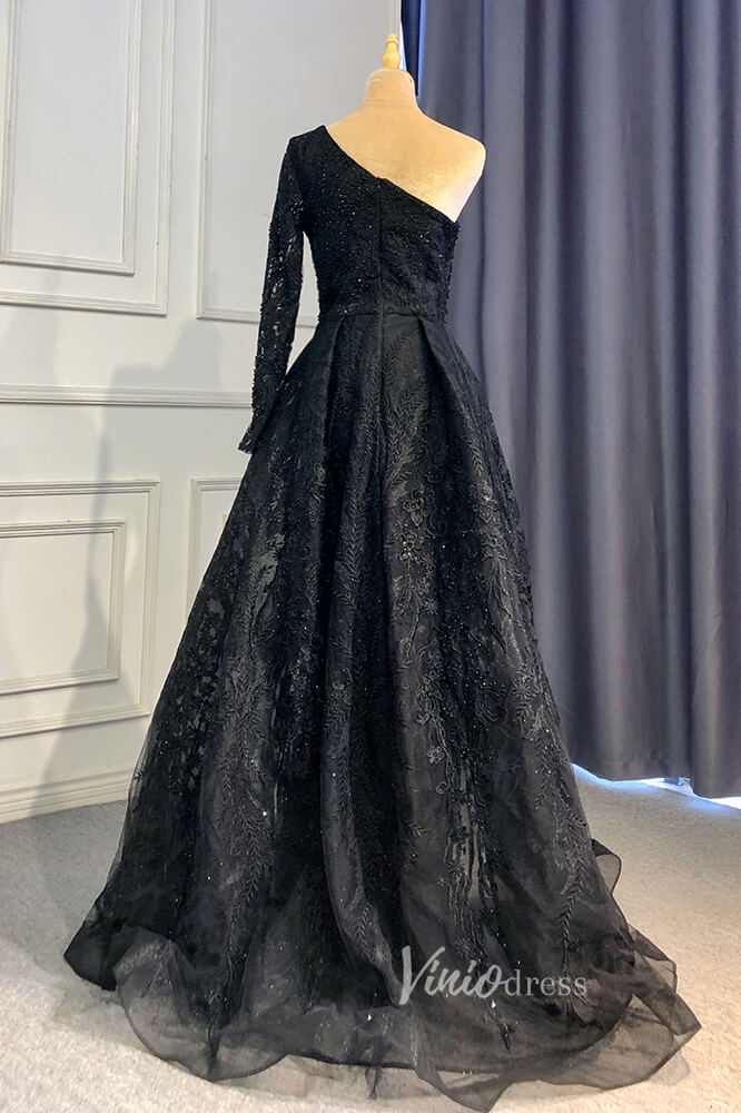 Beaded One Shoulder Formal Dresses A-Line Lace Applique Prom Dress FD3005-Evening Dresses 2025 -Viniodress-Dusty Blue-US 2-