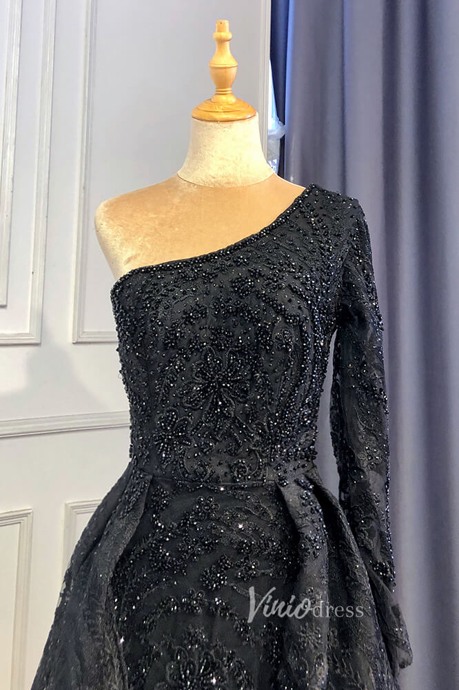 Beaded One Shoulder Formal Dresses A-Line Lace Applique Prom Dress FD3005-Evening Dresses 2025 -Viniodress-Dusty Blue-US 2-