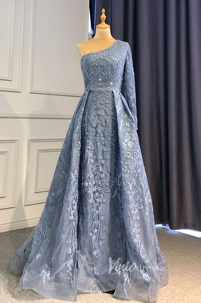 Beaded One Shoulder Formal Dresses A-Line Lace Applique Prom Dress FD3005-Evening Dresses 2025 -Viniodress-Dusty Blue-US 2-