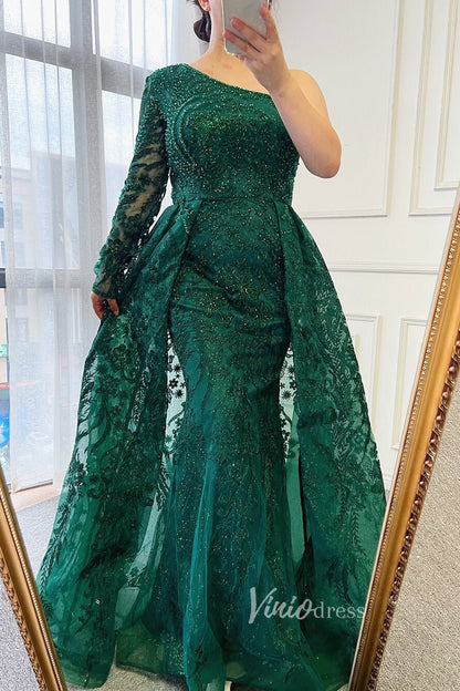 Beaded One Shoulder Formal Dresses A-Line Lace Applique Prom Dress FD3005-Evening Dresses 2025 -Viniodress-Dusty Blue-US 2-