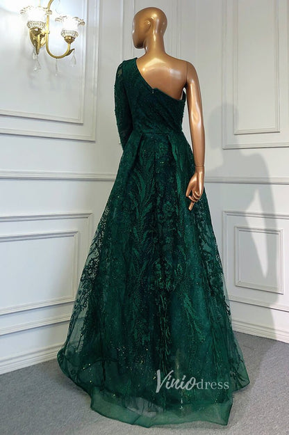 Beaded One Shoulder Formal Dresses A-Line Lace Applique Prom Dress FD3005-Evening Dresses 2025 -Viniodress-Dusty Blue-US 2-