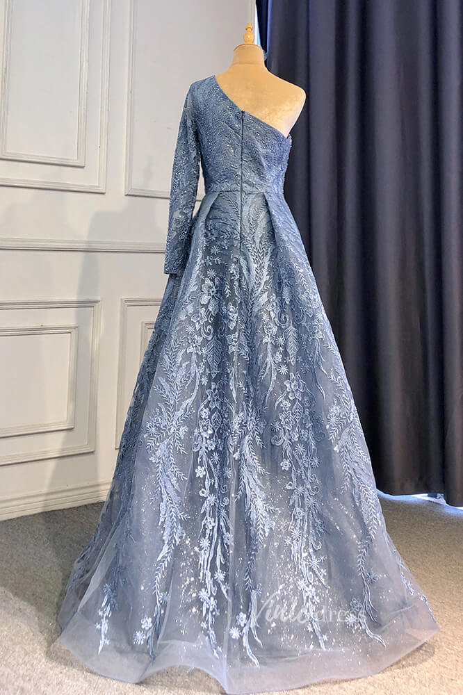 Beaded One Shoulder Formal Dresses A-Line Lace Applique Prom Dress FD3005-Evening Dresses 2025 -Viniodress-Dusty Blue-US 2-