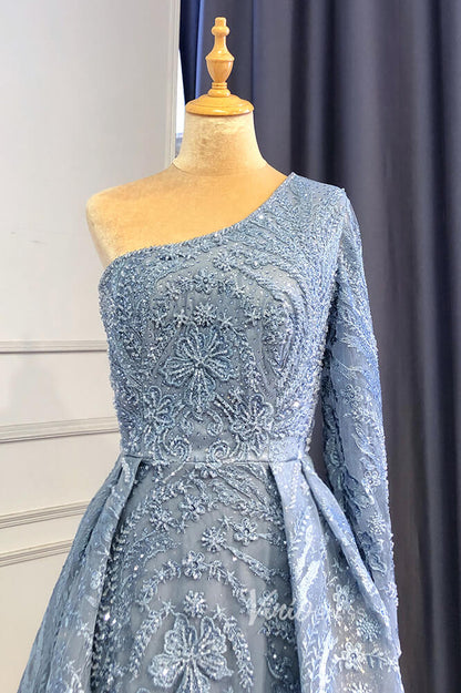 Beaded One Shoulder Formal Dresses A-Line Lace Applique Prom Dress FD3005-Evening Dresses 2025 -Viniodress-Dusty Blue-US 2-