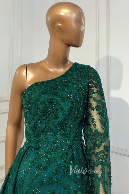 Beaded One Shoulder Formal Dresses A-Line Lace Applique Prom Dress FD3005-Evening Dresses 2025 -Viniodress-Dusty Blue-US 2-