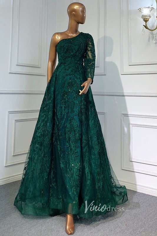 Beaded One Shoulder Formal Dresses A-Line Lace Applique Prom Dress FD3005-Evening Dresses 2025 -Viniodress-Dusty Blue-US 2-