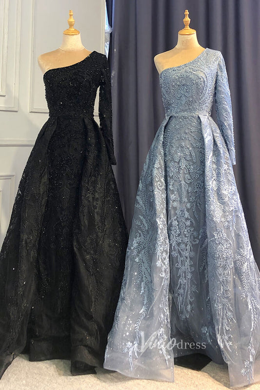 Prom Dress 2025 Beaded One Shoulder Formal Dresses A-Line Lace Applique Prom Dress FD3005-unique prom dresses-Dusty Blue-US 2-Viniodress