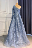 Prom Dress 2025 Beaded One Shoulder Formal Dresses A-Line Lace Applique Prom Dress FD3005-unique prom dresses-Dusty Blue-US 2-Viniodress