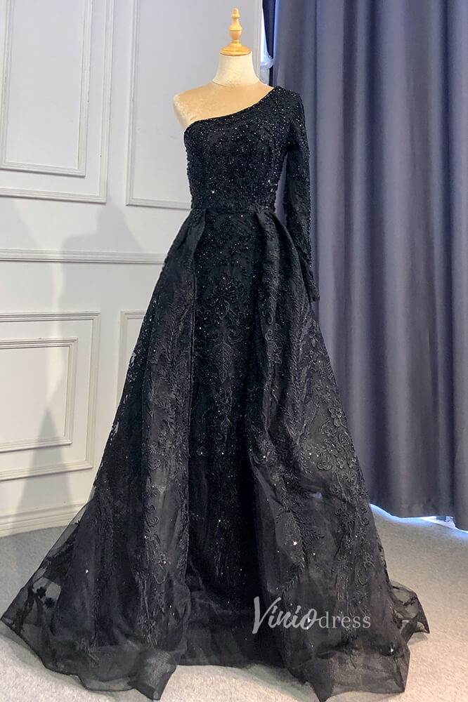 Prom Dress 2025 Beaded One Shoulder Formal Dresses A-Line Lace Applique Prom Dress FD3005-unique prom dresses-Black-US 2-Viniodress