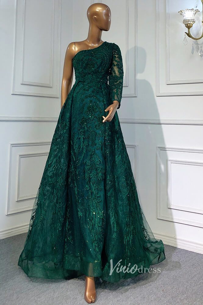 Prom Dress 2025 Beaded One Shoulder Formal Dresses A-Line Lace Applique Prom Dress FD3005-unique prom dresses-Emerald Green-US 2-Viniodress