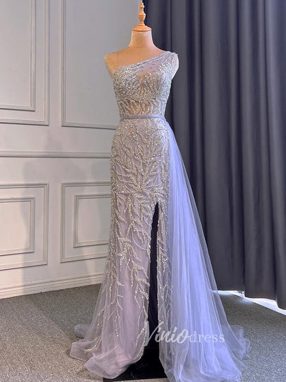 Beaded One Shoulder Prom Dresses with Slit Sheath Evening Gowns 20016-Evening Dresses 2025 -Viniodress-Lavender-US 2-