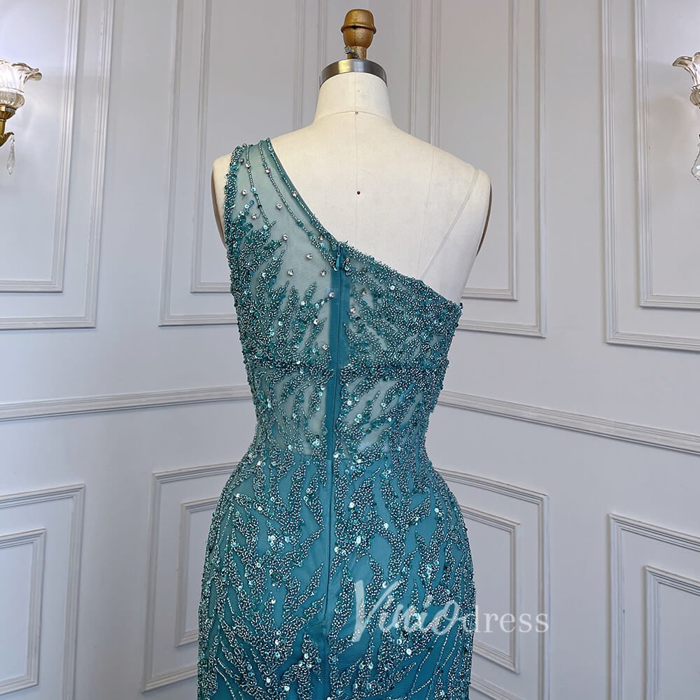 Beaded One Shoulder Prom Dresses with Slit Sheath Evening Gowns 20016-Evening Dresses 2025 -Viniodress-Silver-US 2-