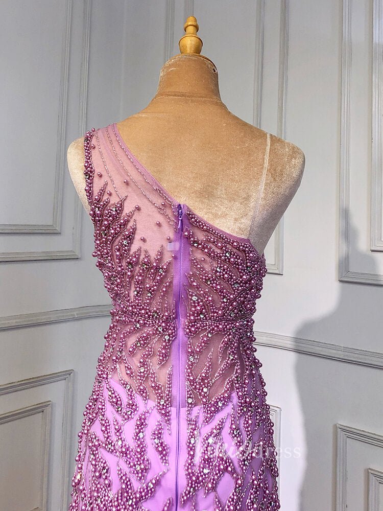 Beaded One Shoulder Prom Dresses with Slit Sheath Evening Gowns 20016-Evening Dresses 2025 -Viniodress-Silver-US 2-