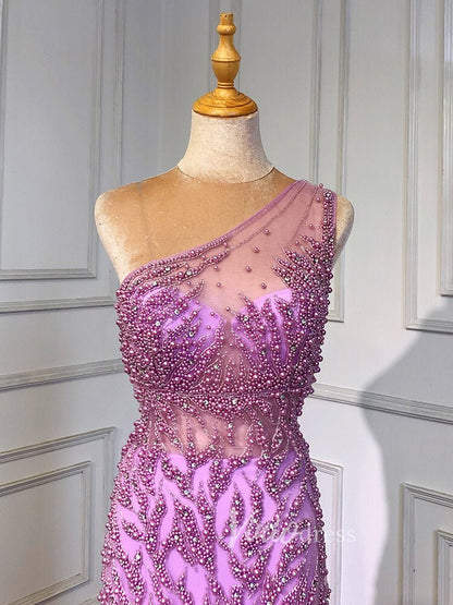 Beaded One Shoulder Prom Dresses with Slit Sheath Evening Gowns 20016-Evening Dresses 2025 -Viniodress-Silver-US 2-