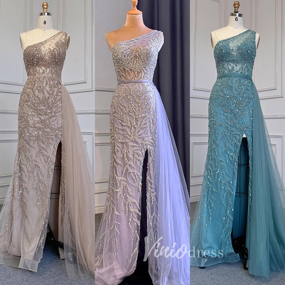 Beaded One Shoulder Prom Dresses with Slit Sheath Evening Gowns 20016-Evening Dresses 2025 -Viniodress-Silver-US 2-