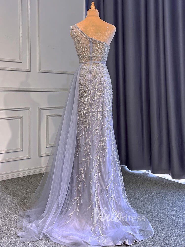 Beaded One Shoulder Prom Dresses with Slit Sheath Evening Gowns 20016-Evening Dresses 2025 -Viniodress-Silver-US 2-