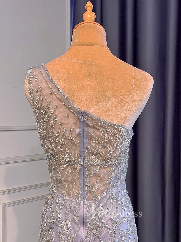 Beaded One Shoulder Prom Dresses with Slit Sheath Evening Gowns 20016-Evening Dresses 2025 -Viniodress-Silver-US 2-