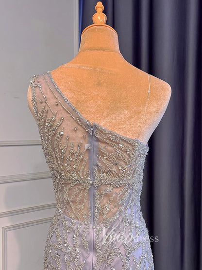 Beaded One Shoulder Prom Dresses with Slit Sheath Evening Gowns 20016-Evening Dresses 2025 -Viniodress-Silver-US 2-