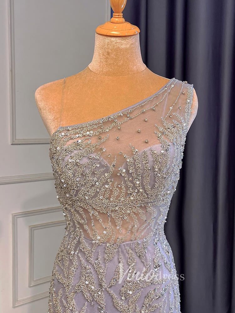 Beaded One Shoulder Prom Dresses with Slit Sheath Evening Gowns 20016-Evening Dresses 2025 -Viniodress-Silver-US 2-