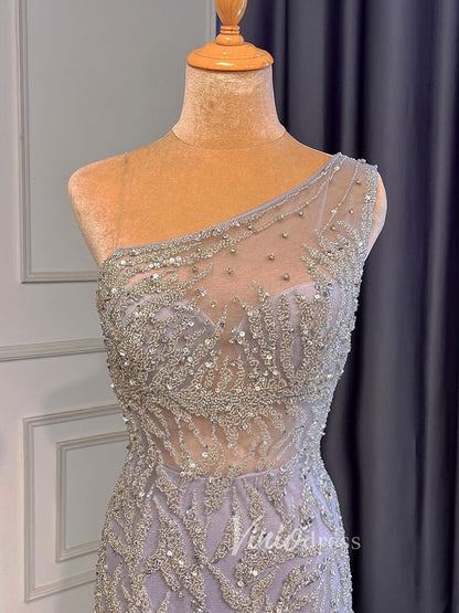 Beaded One Shoulder Prom Dresses with Slit Sheath Evening Gowns 20016-Evening Dresses 2025 -Viniodress-Silver-US 2-